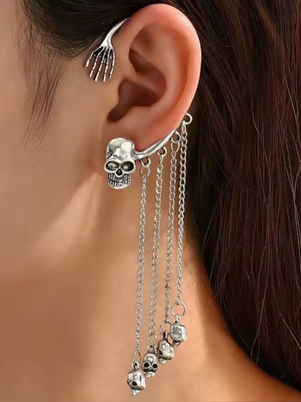Silver / gold Skull Chain tassels Ear Cuff - Gothic Women Jewelry Halloween